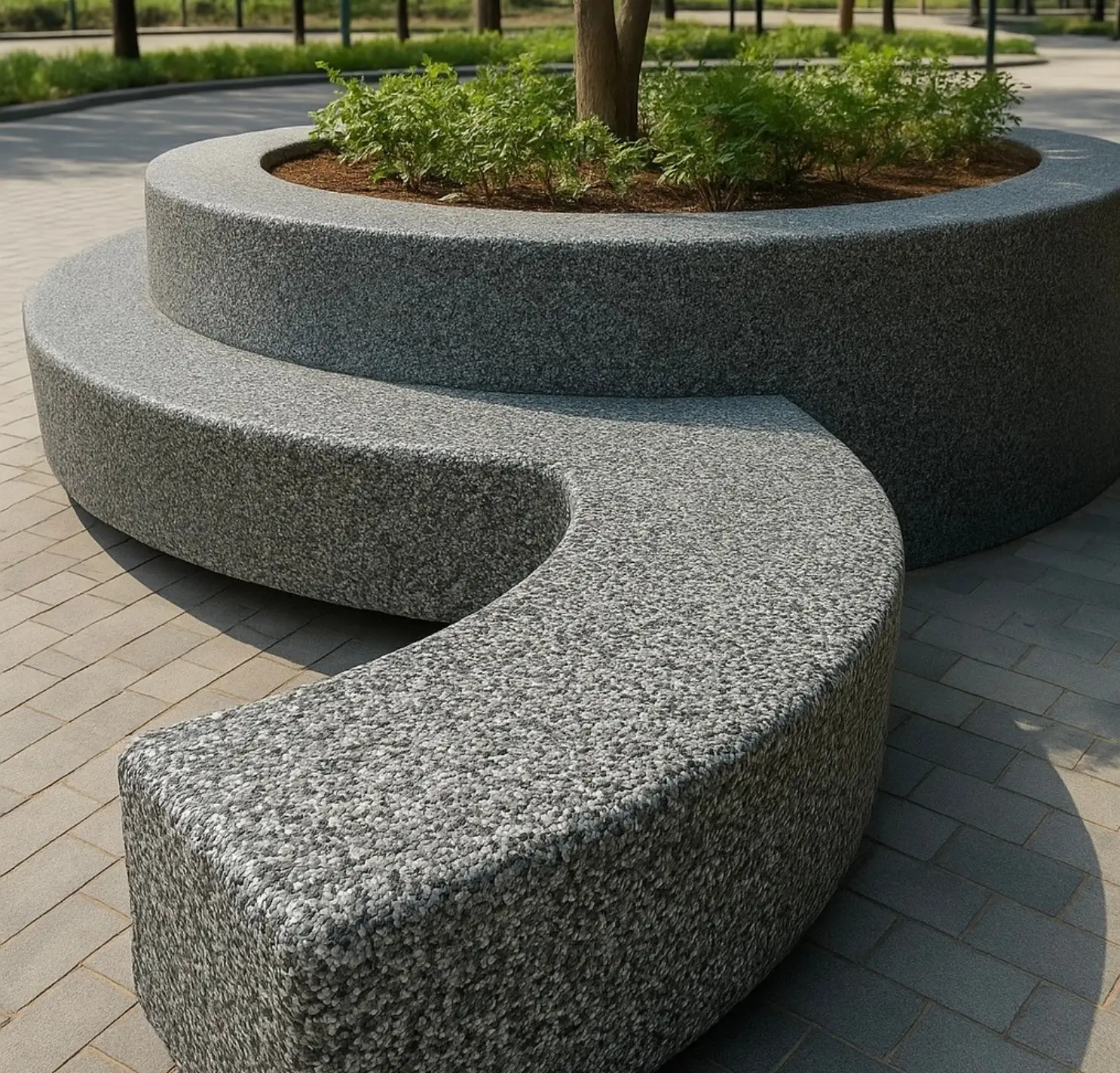curved seating element and planter wall