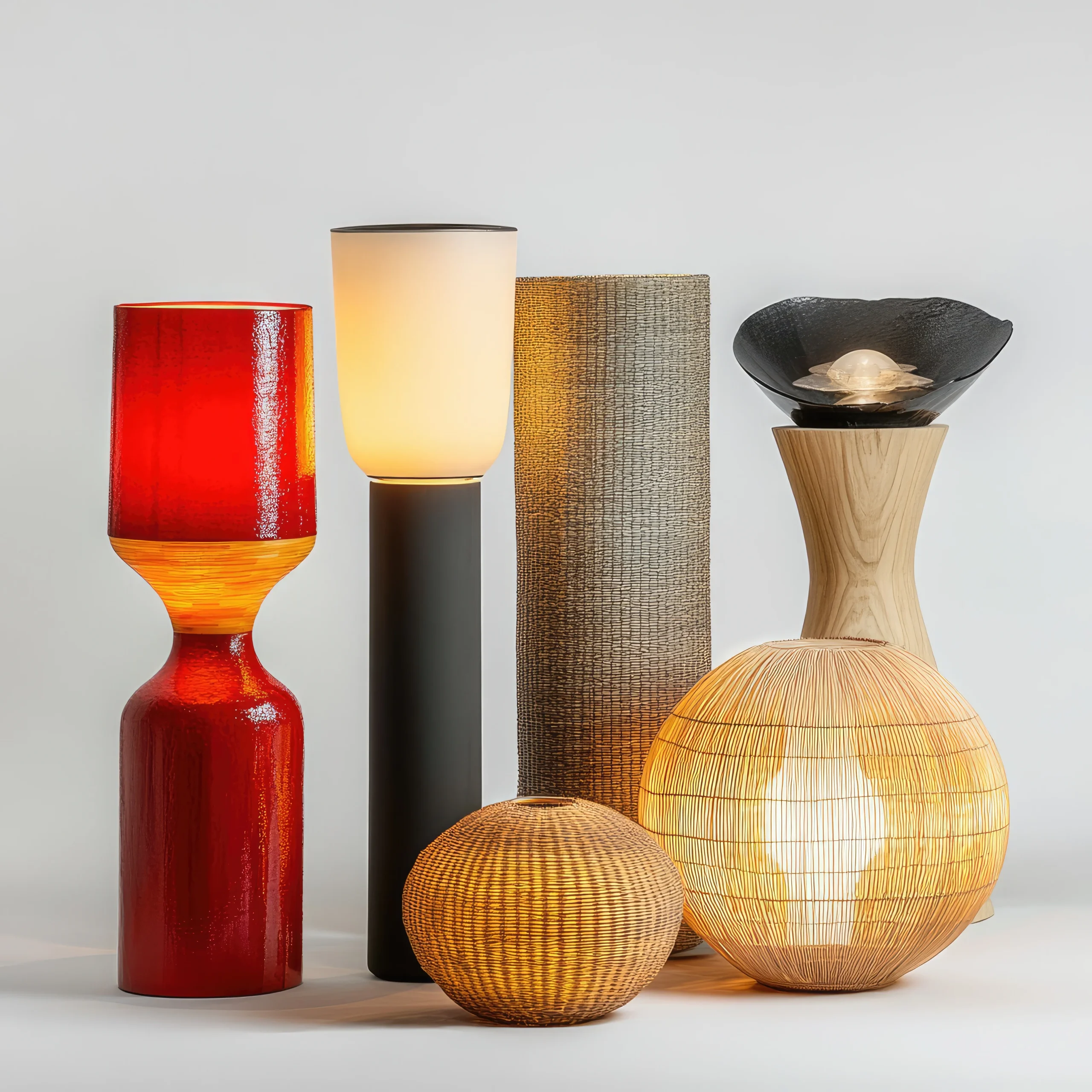assorted lamps with different types stands white background red lamp is left side black grey lamp is center
